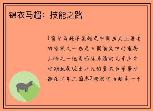 锦衣马超：技能之路